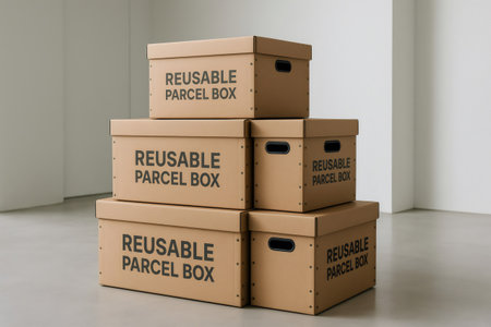 Reusable parcel boxes stacked, symbolizing eco friendly shipping and sustainable packaging solutions for deliveries and logisticsの素材