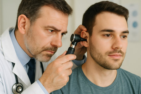 Doctor using otoscope to examine ear of young male patient during medical consultation in clinicの素材