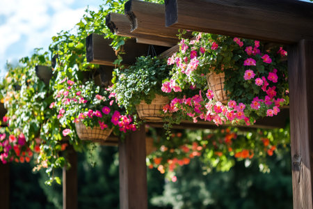 Colorful hanging flower baskets adorn a wooden pergola, creating a vibrant and inviting atmosphere in a garden settingの素材