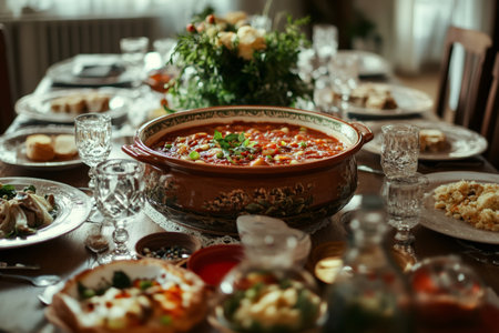 Large terracotta pot filled with stew takes center stage on a table, surrounded by various dishes and crystal glasses, creating a warm and inviting atmosphereの素材