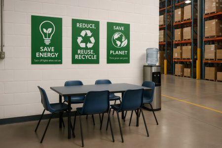 Break room with posters promoting energy saving, reuse, recycle, and environmental protection in a warehouse or industrial settingの素材