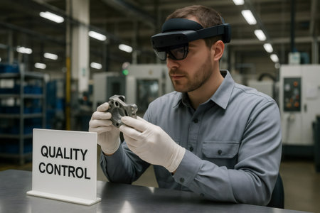 Quality control engineer wearing augmented reality headset and gloves inspecting metal component in factoryの素材