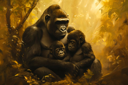 Gorilla family embracing in a serene jungle setting, capturing the essence of wildlife bonding and the beauty of nature's tranquilityの素材