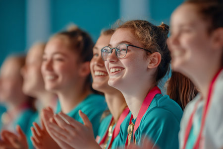 Group of happy young athletes with down syndrome wearing medals and clapping their hands at a sport eventの素材