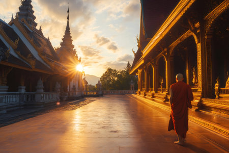 Monk walking peacefully through a stunning Buddhist temple at sunrise, surrounded by vibrant colors and serene architecture in Thailandの素材