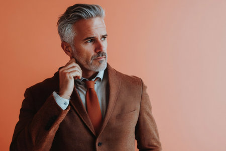 Portrait of a stylish middle aged businessman adjusting his tie while looking away from the camera against an orange backgroundの素材