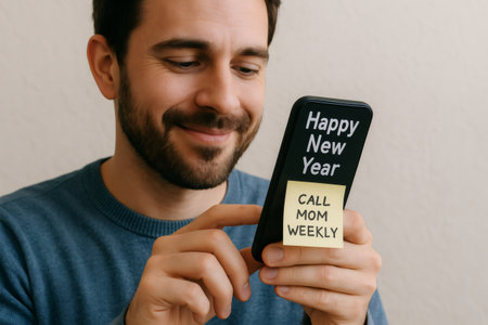 Bearded man holding a smartphone displaying a cheerful New Year message and a reminder for weekly calls to mom, promoting family connectionの素材