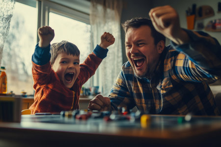 Father and son raising their arms and shouting while playing with building blocks at the table in their living roomの素材