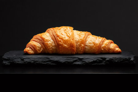 Freshly baked croissant with a perfect golden crust, placed on a dark slate stone, creating a visually appealing contrast against a black backgroundの素材