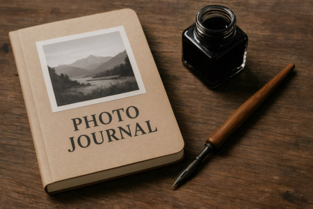 Photo journal with a black and white landscape picture on its cover, an ink bottle and a pen resting on a wooden deskの素材