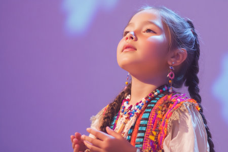 Young girl wearing colorful traditional clothing and braided hair praying with her hands together and purple backgroundの素材