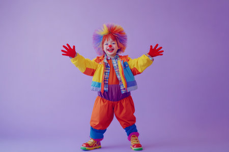 Smiling child clown with red nose and colorful wig standing with open arms, greeting on purple backgroundの素材