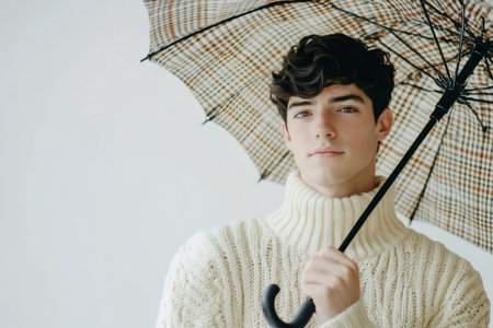 Fashionable model posing with patterned umbrella and white turtleneck sweater on white backgroundの素材