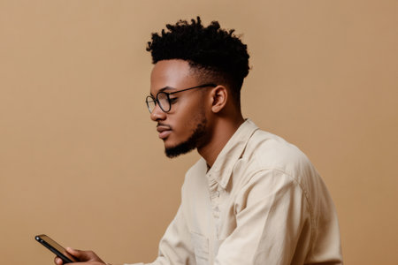 Young professional man with glasses typing on a smartphone against a neutral background, embodying modern technology and communicationの素材