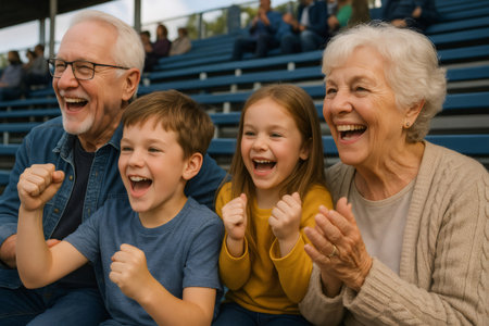 Happy family composed of grandparents and grandchildren having fun together while attending a sport event and cheering in the bleachersの素材