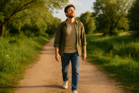 Young man taking a break from technology, enjoying a peaceful walk in the park during digital detoxの素材