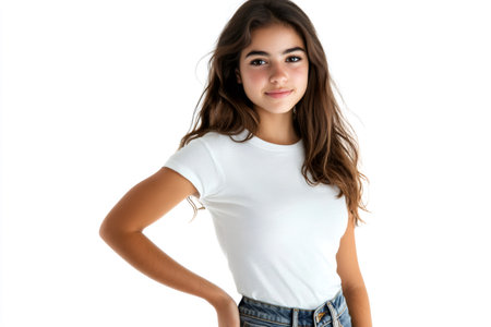 Young woman with long brown hair, wearing a white t shirt and jeans, confidently posing against a clean white background in a stylish portraitの素材