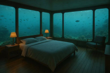Futuristic underwater bedroom with big windows showing fishes and corals, conceptual image of luxury travel and exotic destinationsの素材