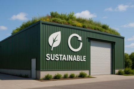 Exterior of a green warehouse with a living roof promoting sustainable development and eco friendly practicesの素材