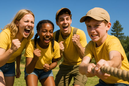 Counselors and children wearing yellow t shirts are playing tug of war and cheering with enthusiasm during a summer camp activityの素材
