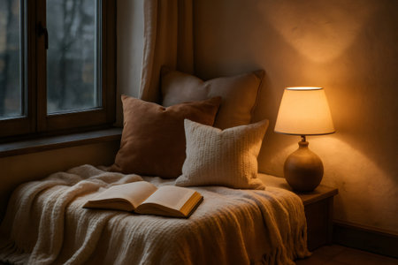 Open book resting on cozy blanket with pillows by window, illuminated by warm lamp light, creating inviting reading nookの素材