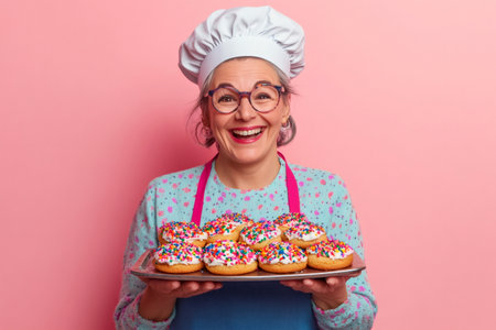 Cheerful mature female chef with glasses and toque showing a tray of delicious homemade donuts with colorful sprinkles, isolated on pink backgroundの素材