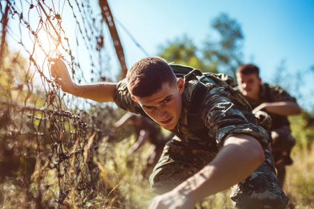 Cadets in camouflage uniforms focus intently as they maneuver through a rigorous outdoor obstacle course, showcasing teamwork and determinationの素材