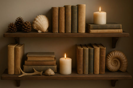Two burning candles illuminate old books, pine cones, seashells, deer antlers and an ammonite fossil standing on wooden shelvesの素材