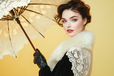 Fashion model wearing a fur and lace dress and leather gloves holding a vintage lace parasol posing on a yellow backgroundの素材