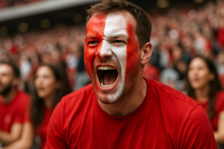Passionate fan with a painted face cheers enthusiastically amidst a lively crowd in a stadium, showcasing the excitement and energy of a sporting eventの素材