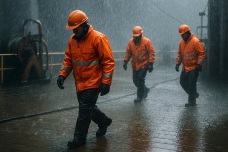 Industrial workers orange wearing high visibility jackets and helmets walking under heavy rain on oil rig platformの素材