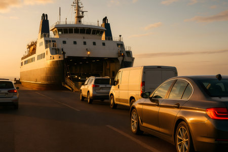 Cars queuing up to board a ferry boat during the enchanting golden hour of sunset, creating a picturesque scene of evening travelの素材
