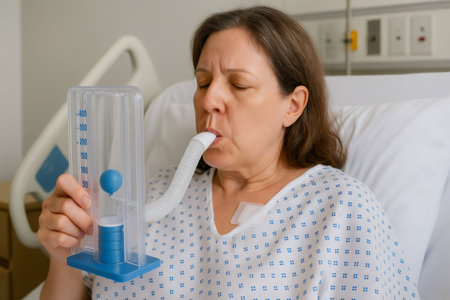 Middle aged female patient using incentive spirometer, performing respiratory exercises during recovery in hospital roomの素材