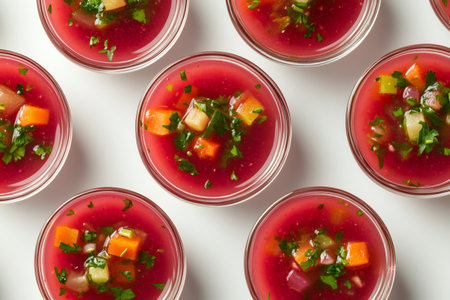 Small individual glass bowls of cold beet soup garnished with fresh parsley and chopped vegetables, forming a colorful and appetizing pattern on a white backgroundの素材