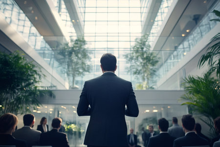 Businessman standing with his back to the camera, addressing employees in the modern office buildingの素材