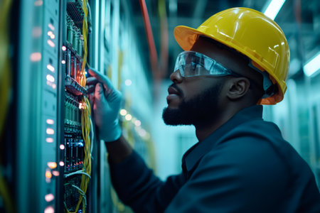 Electrician wearing safety helmet and gloves testing electrical connections inside server roomの素材