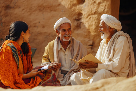 Anthropologist taking notes while interviewing two elderly farmers sharing stories in their rural villageの素材