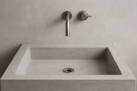 Concrete sink featuring a sleek stainless steel faucet and drain, embodying a minimalist and modern bathroom design with elegant detailsの素材