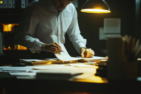 Focused businessman working late, meticulously reviewing financial documents under the warm glow of a desk lamp in a corporate officeの素材
