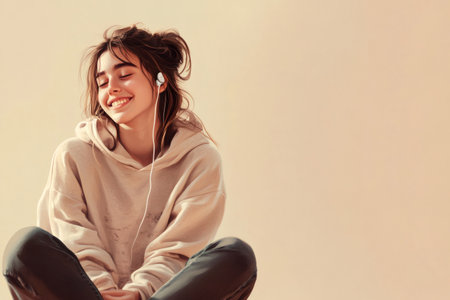 Happy teenager listening to music with earphones, sitting with legs crossed and eyes closed, smiling and enjoying the momentの素材