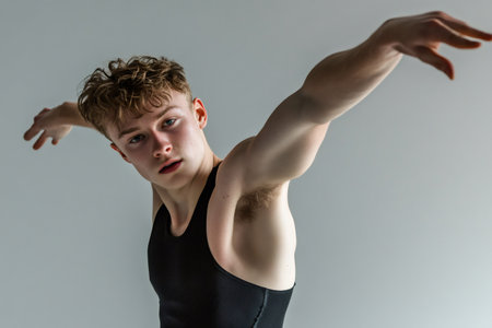 Young man with short blond hair wearing a black vest is performing a dramatic dance pose with his arms outstretched against a gray backgroundの素材