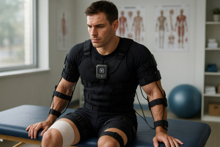 Athlete wearing a full body electrostimulation suit sitting on a massage table in a gym, preparing for a workout sessionの素材