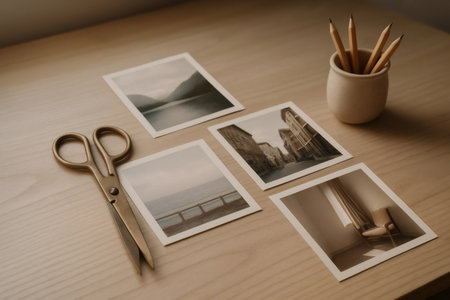 Printed photographs of landscapes and architecture arranged on a wooden desk with pencils and scissors, creating a curated workspace for a designerの素材
