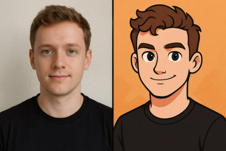 Photo of a man transforming his real face into a cartoon avatar, showing the process of creating a personalized digital representationの素材