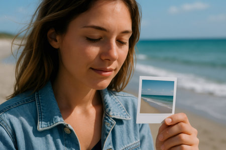 Smiling woman holding a vintage instant photo of a beach, remembering good times and summer vacationの素材