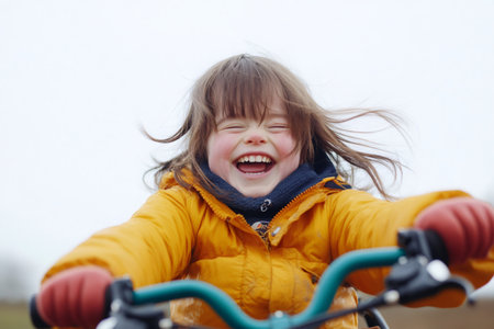 Portrait of a cheerful child with Down syndrome laughing while riding a bicycle, wearing a yellow jacket and red glovesの素材
