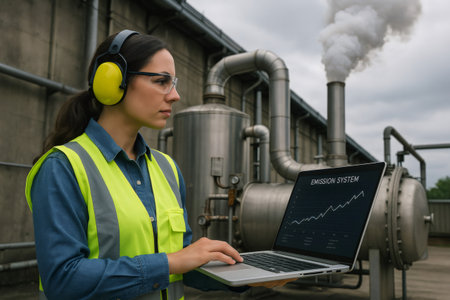 Female industrial engineer wearing safety equipment and using a laptop to monitor gas emissions from a factory chimneyの素材