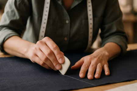 Close up of seamstress hands using chalk to mark lines on dark blue fabric, preparing for cutting and sewing in professional atelierの素材