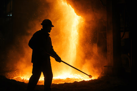 Silhouette of a steelworker managing the flow of molten metal with a large pole in a vibrant foundry, surrounded by sparks and heatの素材