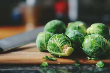 Close up of fresh Brussels sprouts on a wooden board with a kitchen knife, showcasing healthy cooking and organic vegetablesの素材